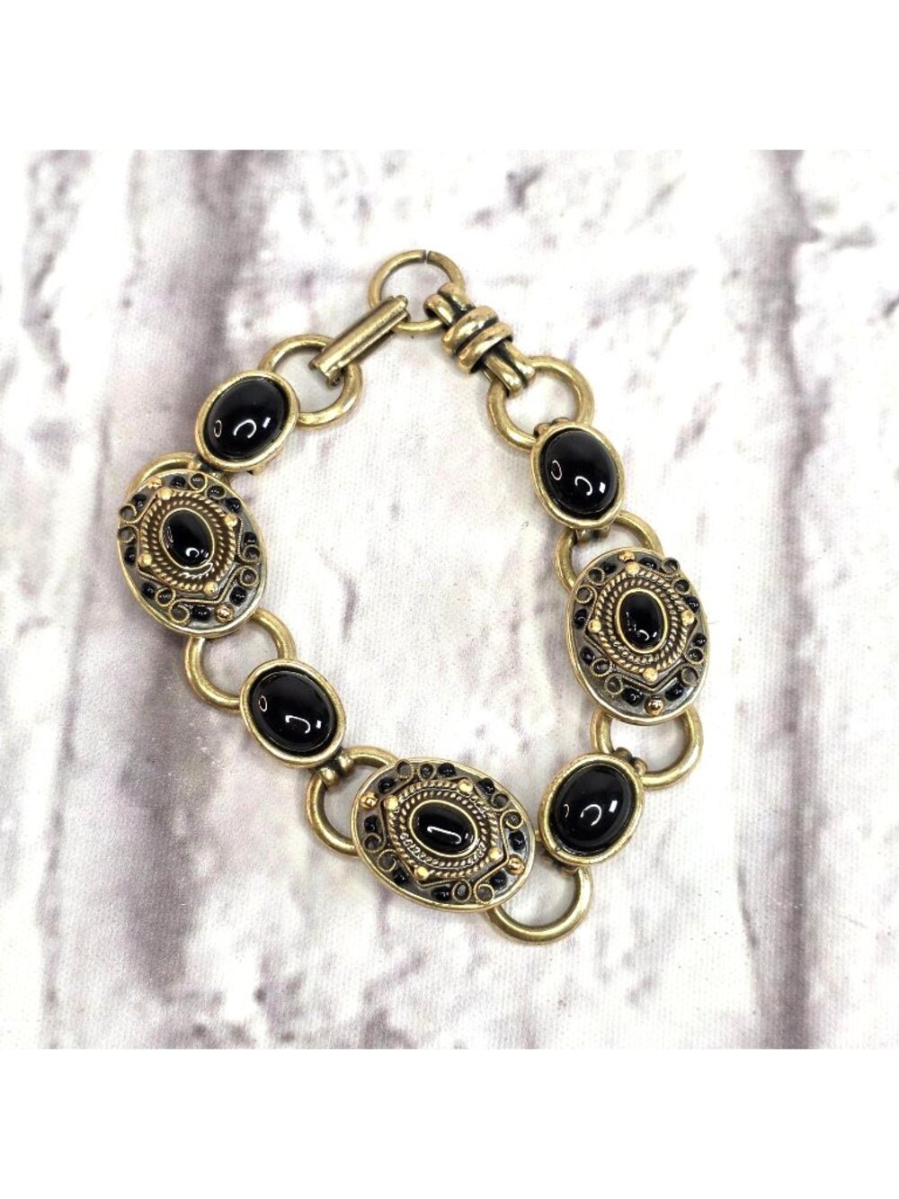 Vintage Michal Golan New York Designer Handmade Bracelet Black Onyx 7.5" Gold To